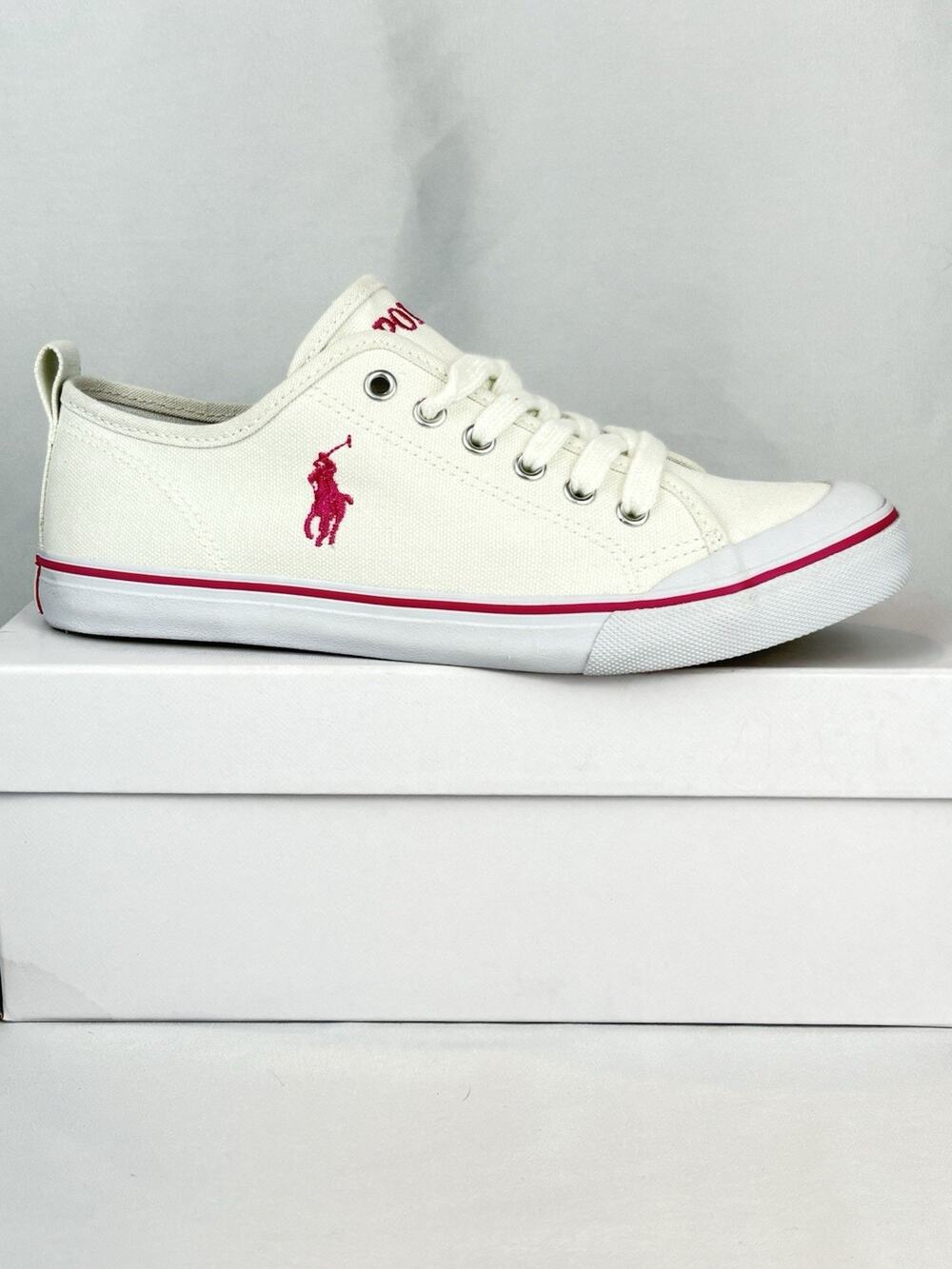 Polo Ralph Lauren Karlen Low Top Canvas Sneakers Cream/Pink Girls US 5 EU 37 New